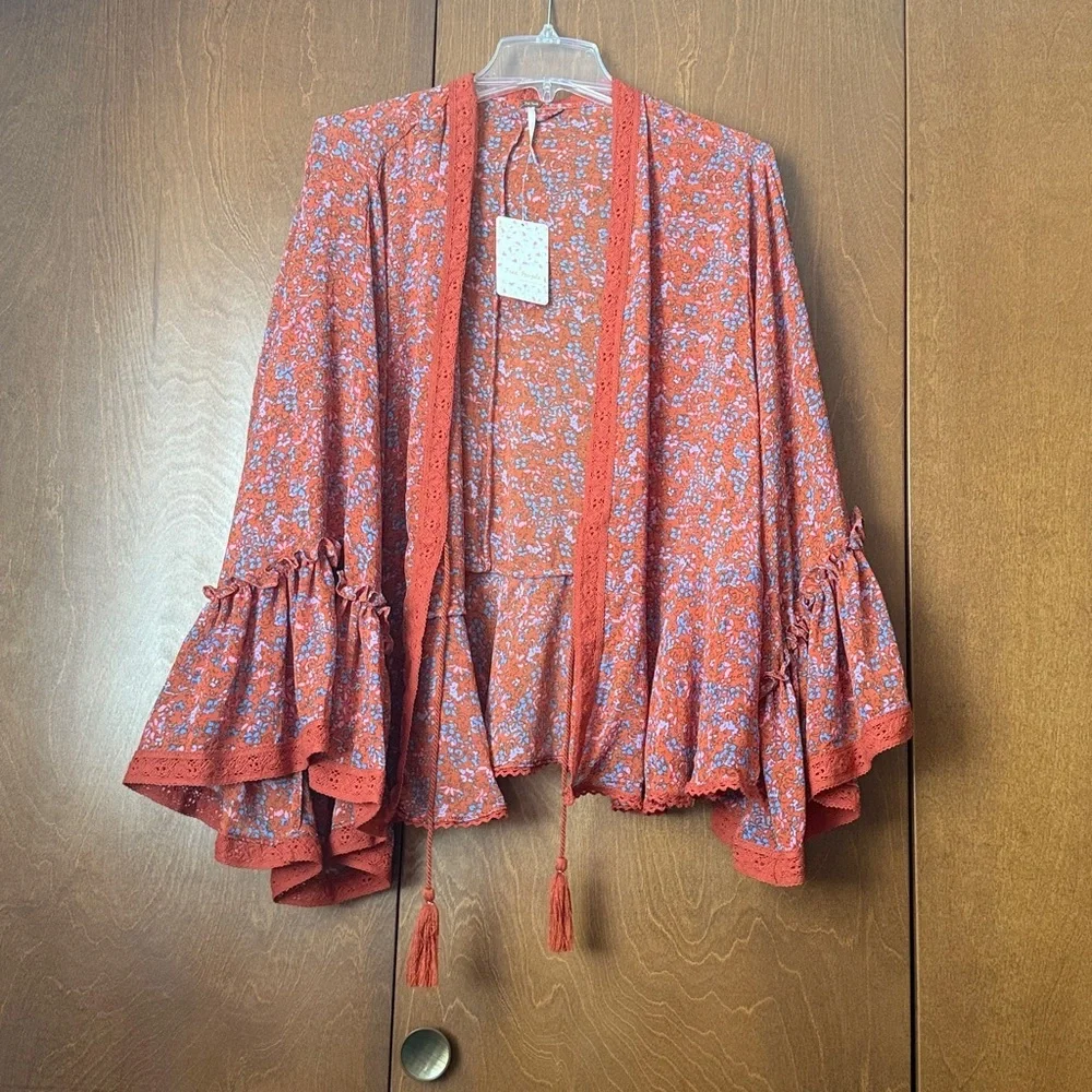 Free People Lola Wild Red Kimono Tassel Tie  Sz Small Relaxed Fit NWT Ret $98